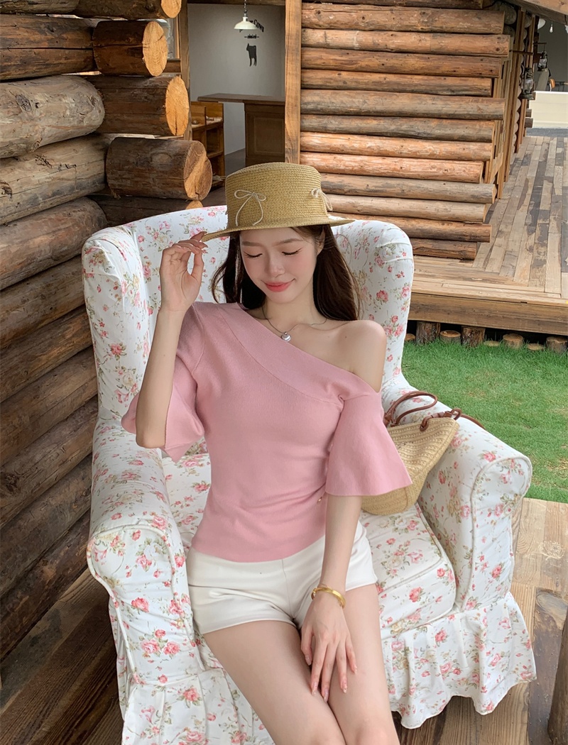 Sexy slim pink sweater spicegirl oblique collar tops