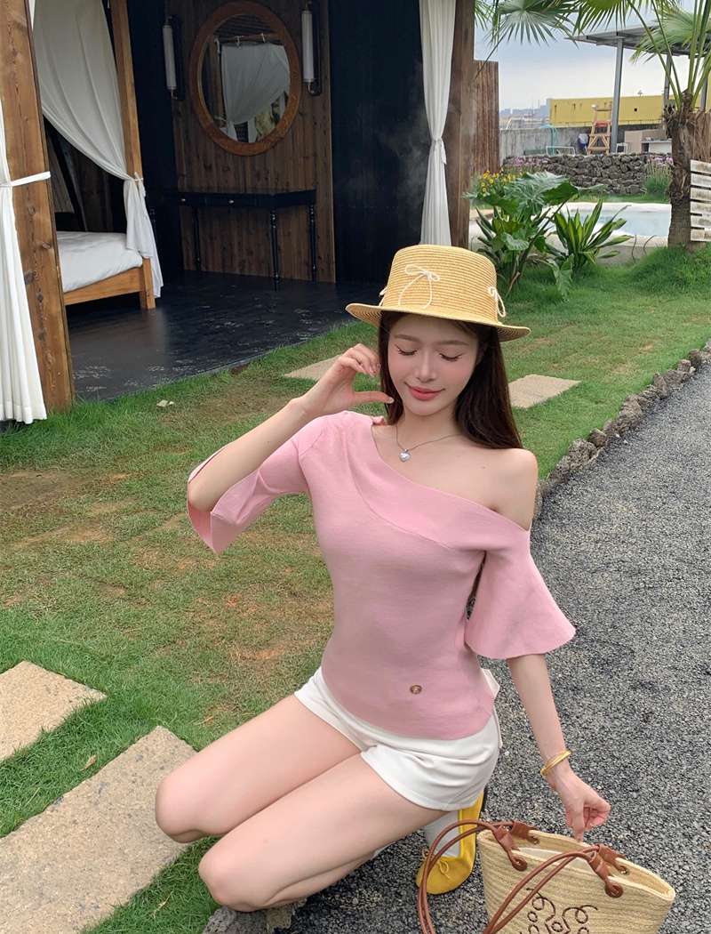 Sexy slim pink sweater spicegirl oblique collar tops
