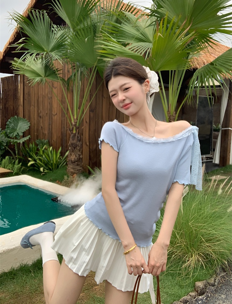 Sloping shoulder lace collar T-shirt bandage sweater