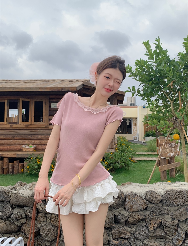 Sloping shoulder lace collar T-shirt bandage sweater