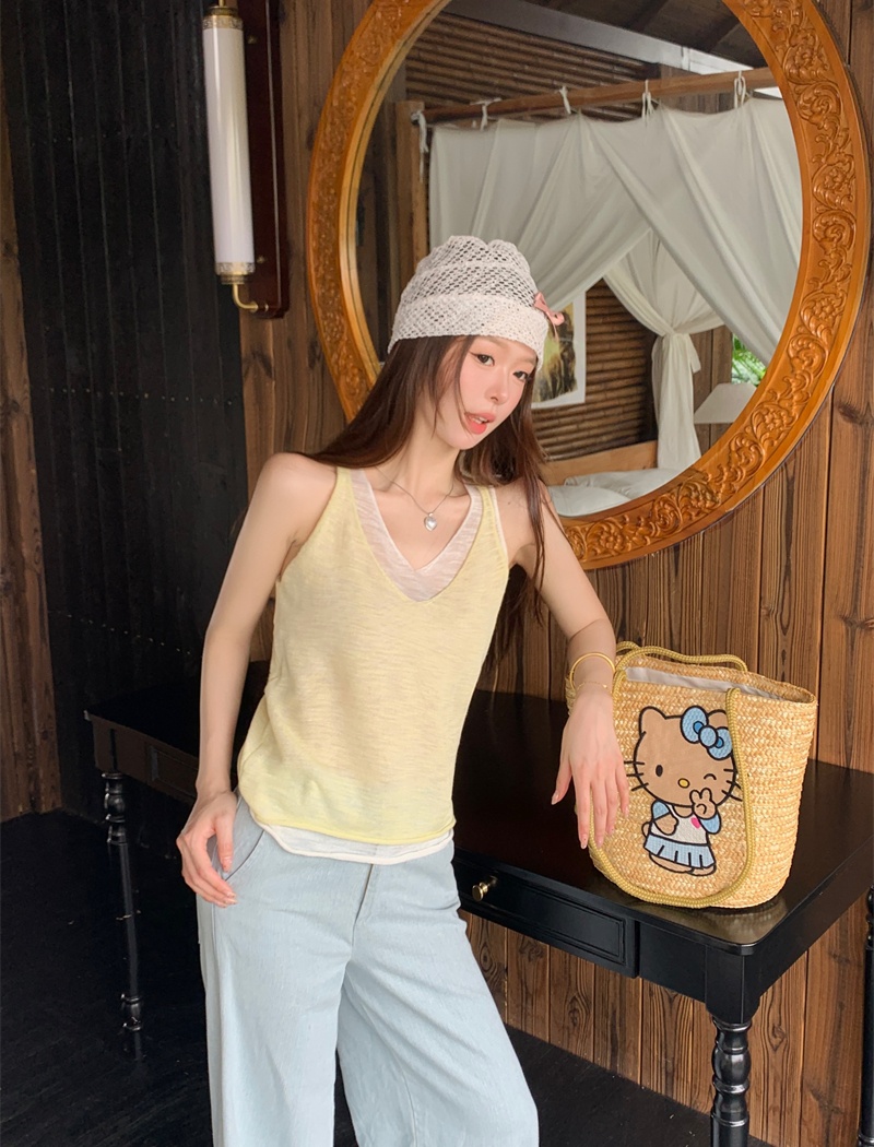 Thin sleeveless sling mixed colors Pseudo-two splice vest