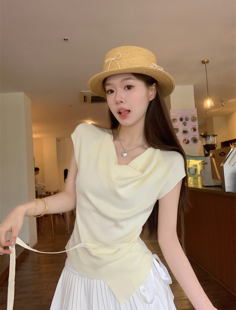 White irregular tops sloping shoulder T-shirt for women