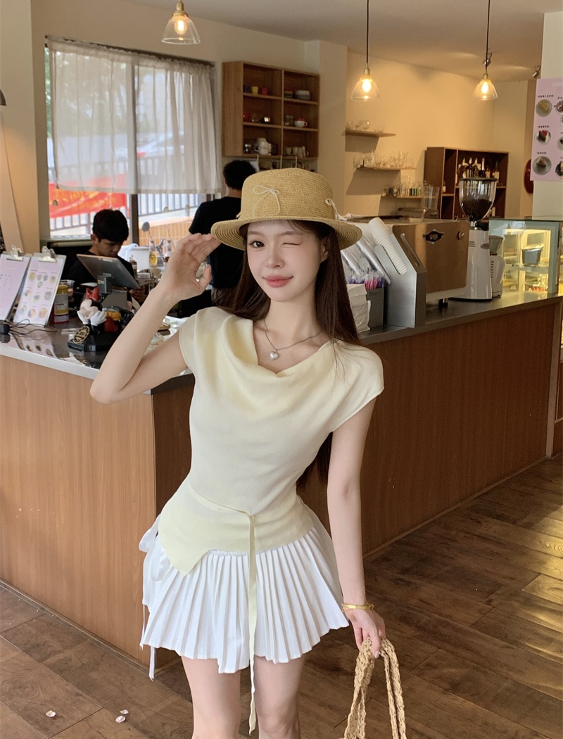 White irregular tops sloping shoulder T-shirt for women