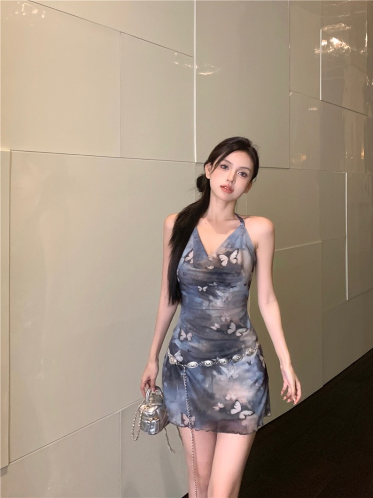 Slim pinched waist T-back halter flat shoulder dress