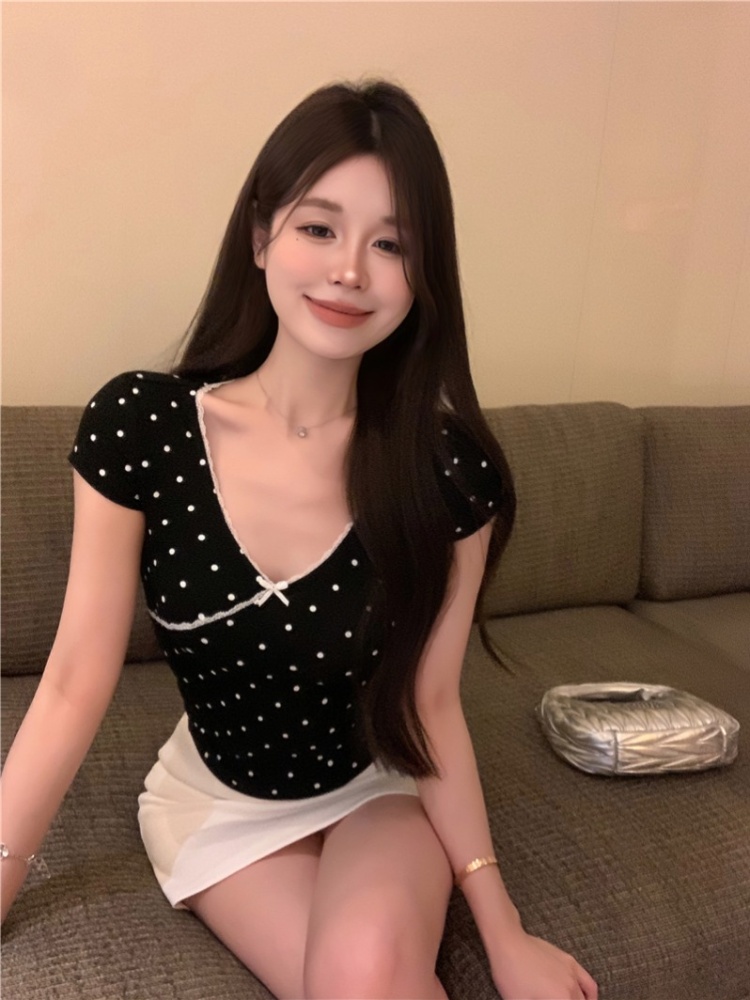 Maiden France style T-shirt summer V-neck tops for women