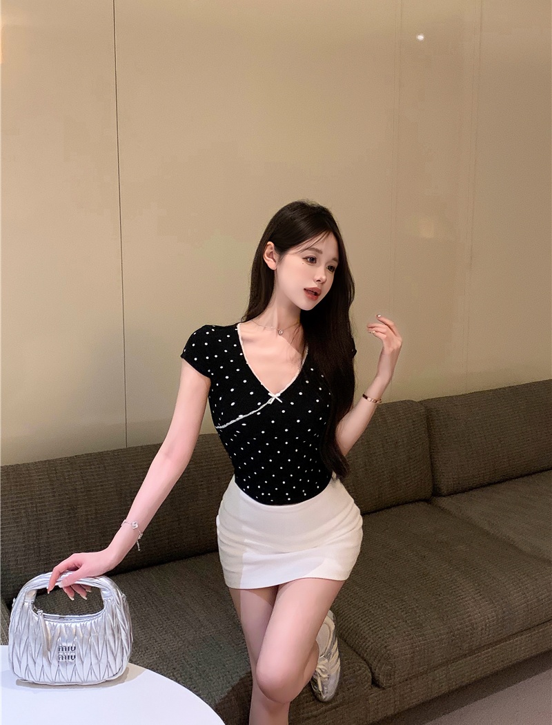 Maiden France style T-shirt summer V-neck tops for women