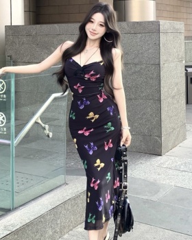 Printing slim strap dress butterfly dress