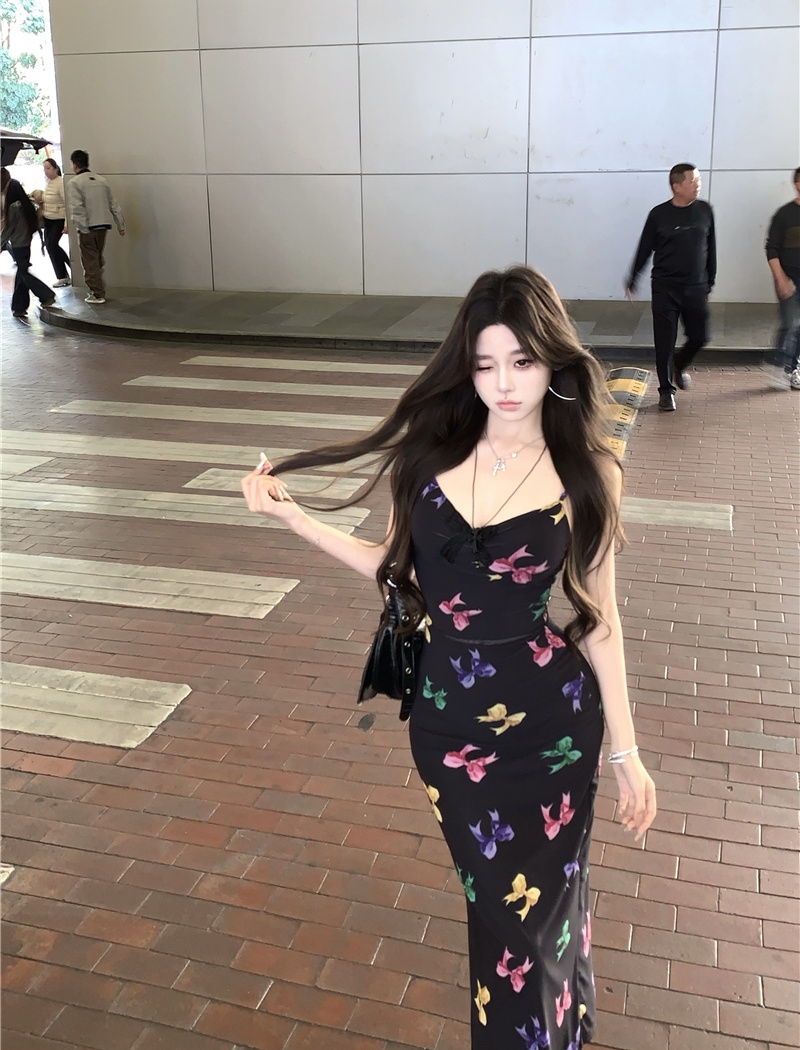 Printing slim strap dress butterfly dress