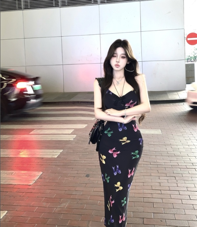 Printing slim strap dress butterfly dress
