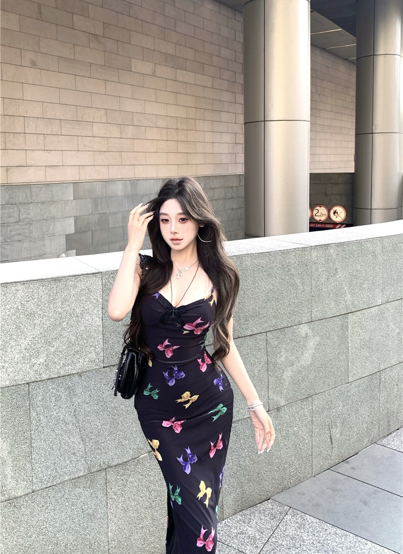 Printing slim strap dress butterfly dress