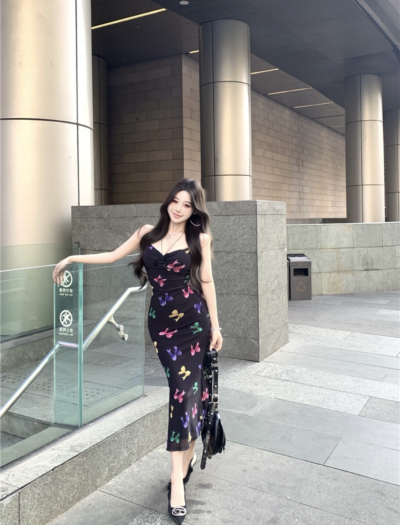 Printing slim strap dress butterfly dress