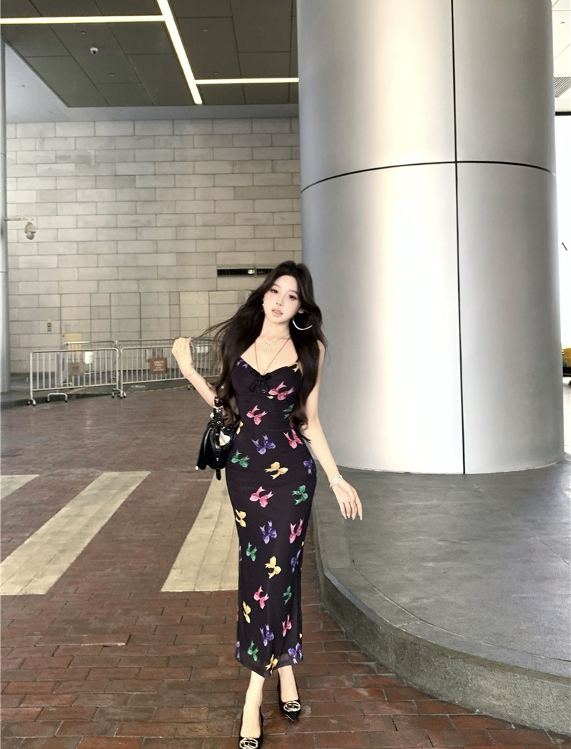 Printing slim strap dress butterfly dress