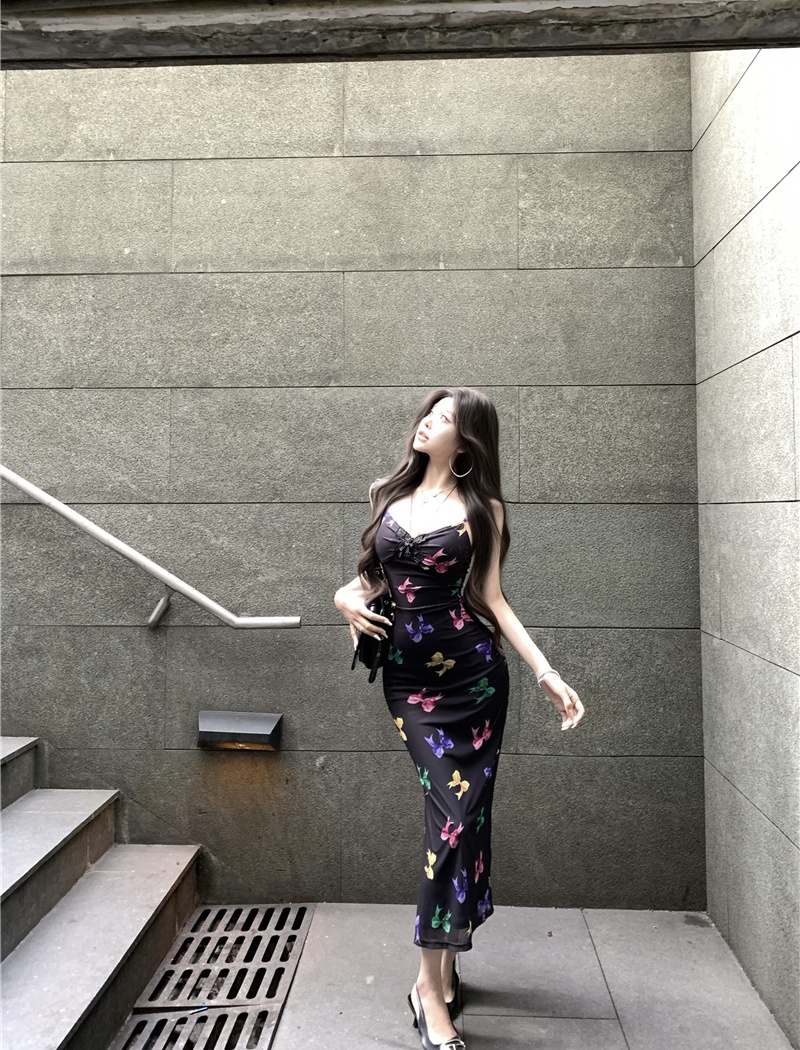 Printing slim strap dress butterfly dress
