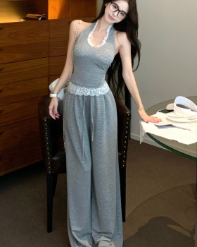 Fashion V-neck wide leg pants stripe tops 2pcs set