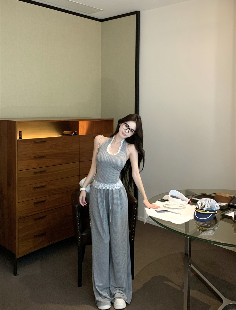 Fashion V-neck wide leg pants stripe tops 2pcs set