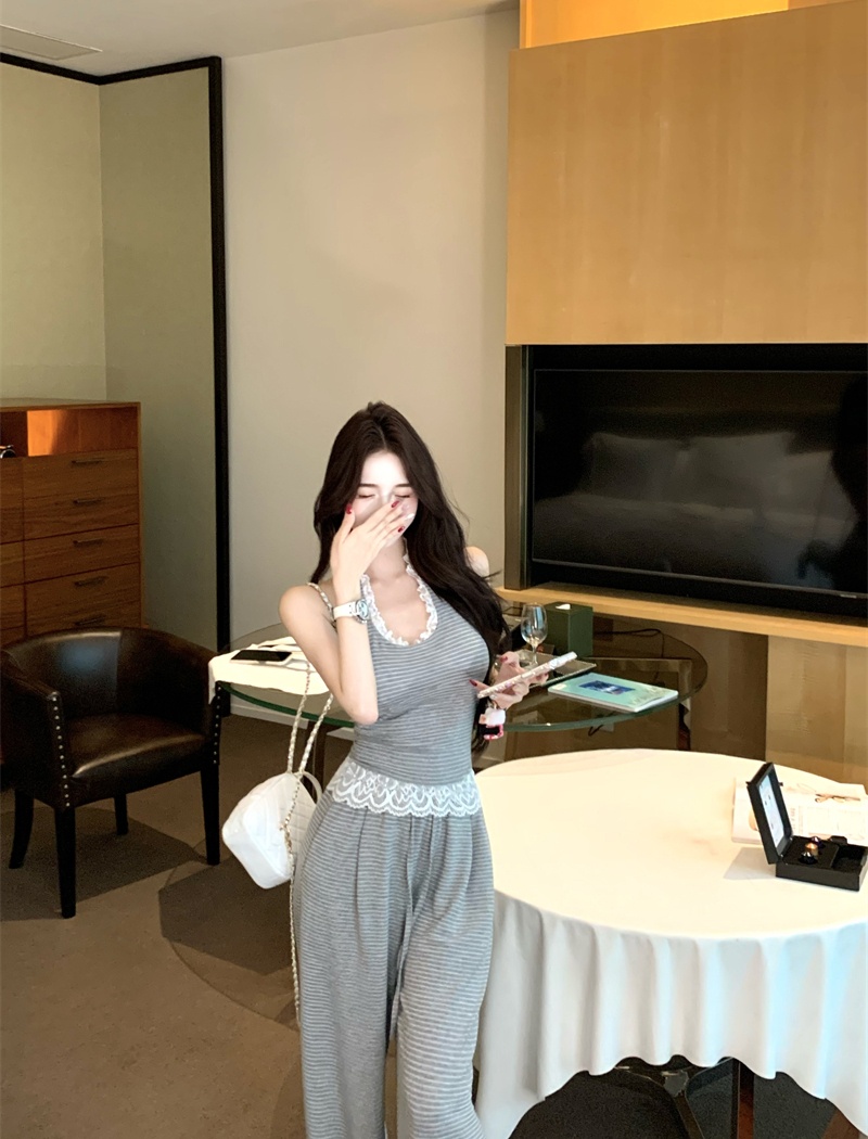 Fashion V-neck wide leg pants stripe tops 2pcs set