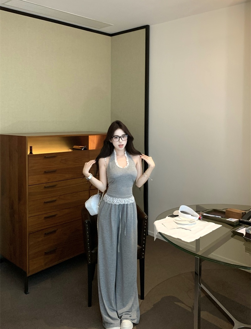 Fashion V-neck wide leg pants stripe tops 2pcs set