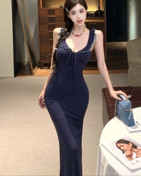 Lace package hip sexy strap dress spicegirl navy blue dress