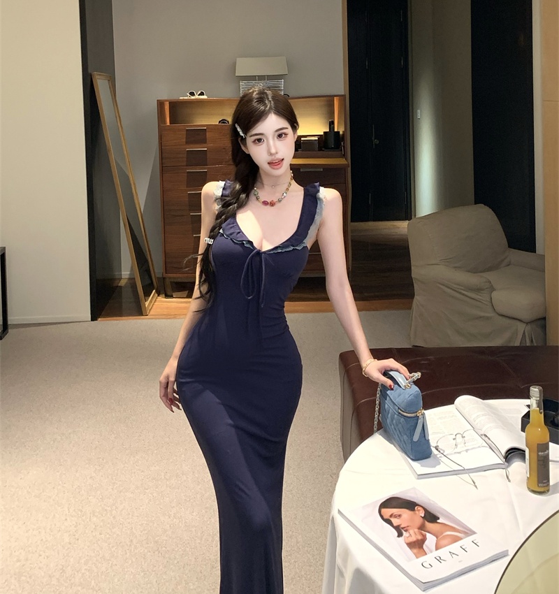 Lace package hip sexy strap dress spicegirl navy blue dress