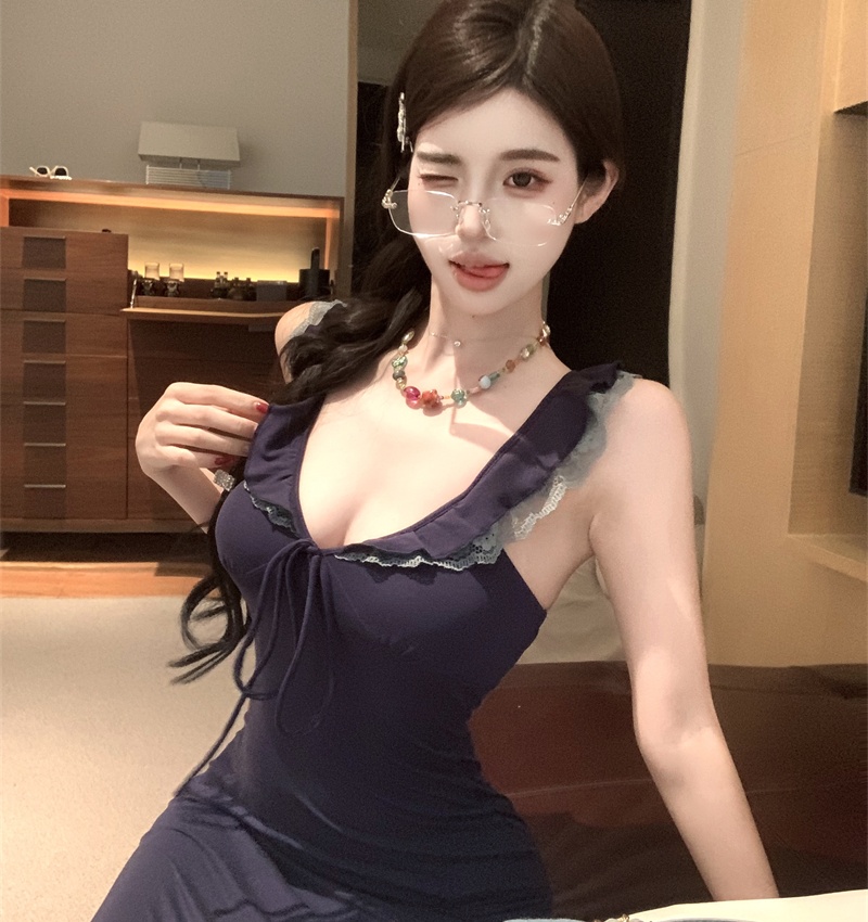 Lace package hip sexy strap dress spicegirl navy blue dress