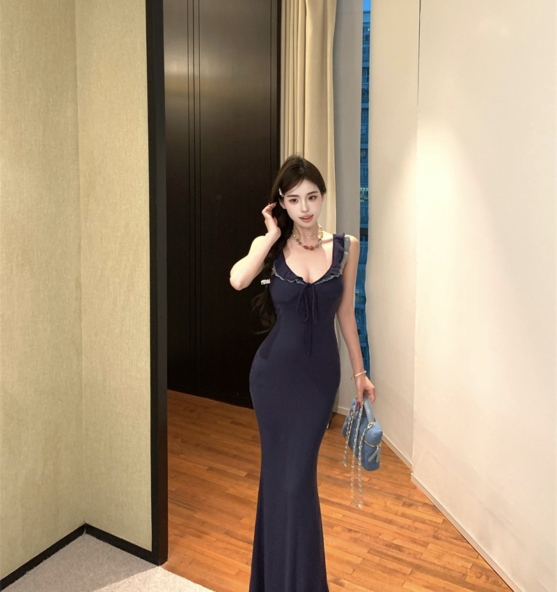 Lace package hip sexy strap dress spicegirl navy blue dress