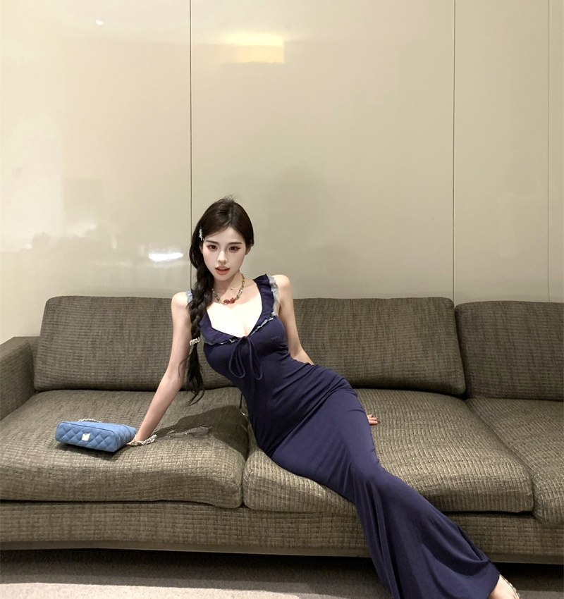 Lace package hip sexy strap dress spicegirl navy blue dress