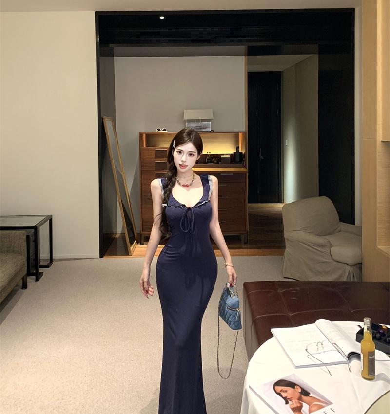 Lace package hip sexy strap dress spicegirl navy blue dress