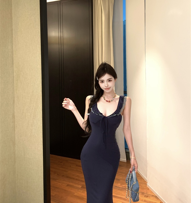 Lace package hip sexy strap dress spicegirl navy blue dress