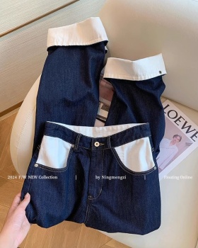 Navy blue retro slim summer straight pants jeans for women