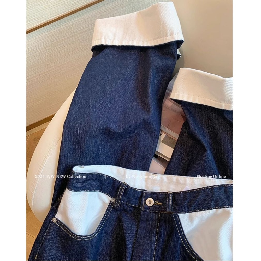 Navy blue retro slim summer straight pants jeans for women