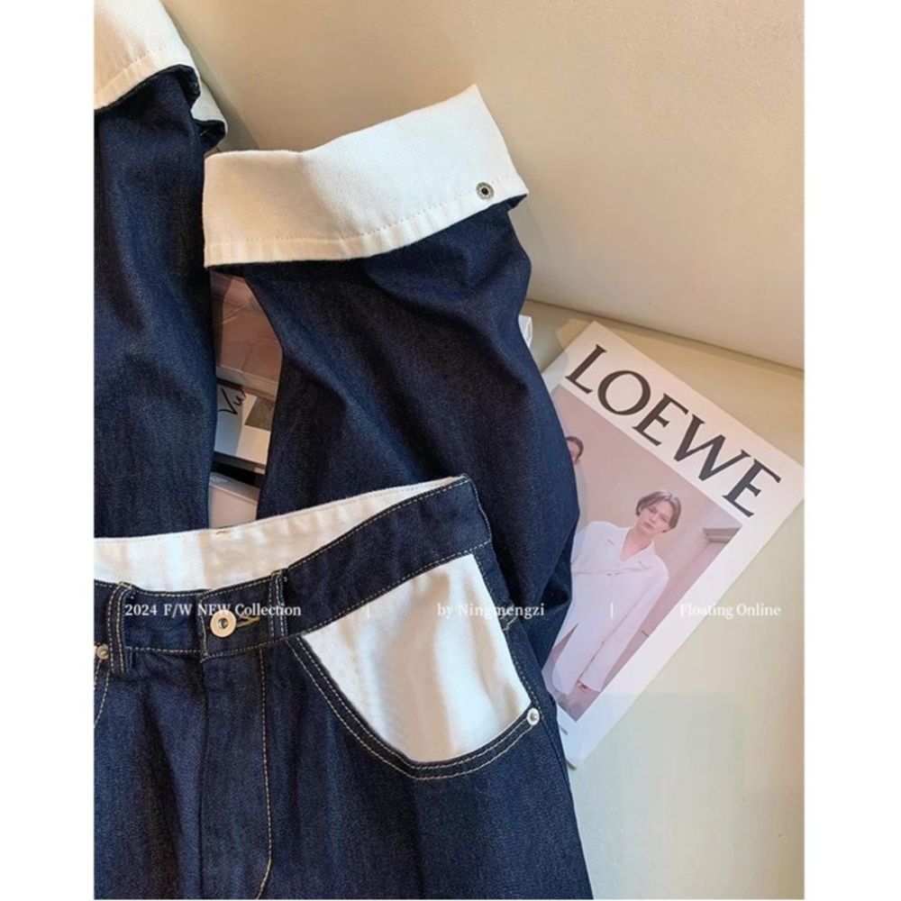 Navy blue retro slim summer straight pants jeans for women