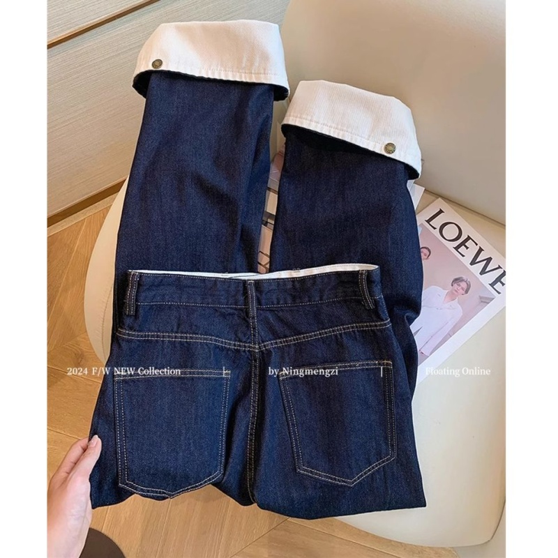 Navy blue retro slim summer straight pants jeans for women