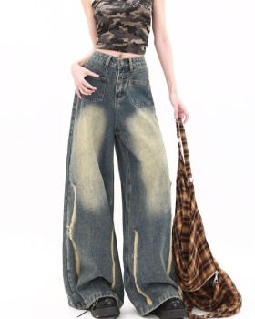 Washed slim wide leg pants retro jeans for women