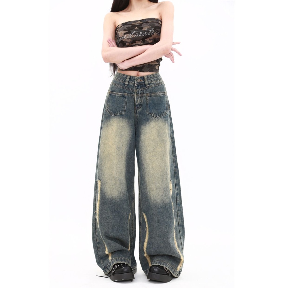 Washed slim wide leg pants retro jeans for women
