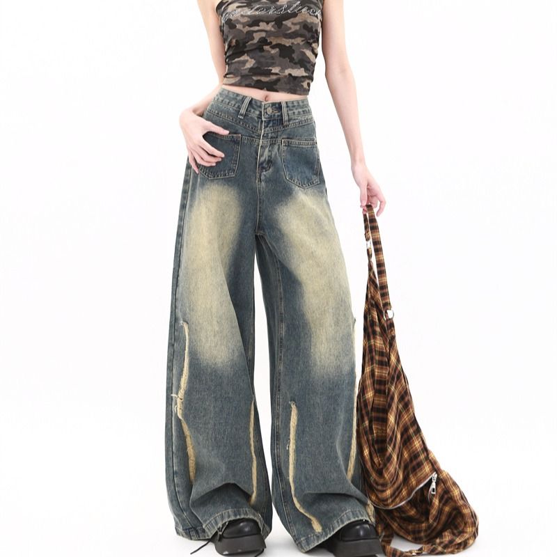Washed slim wide leg pants retro jeans for women