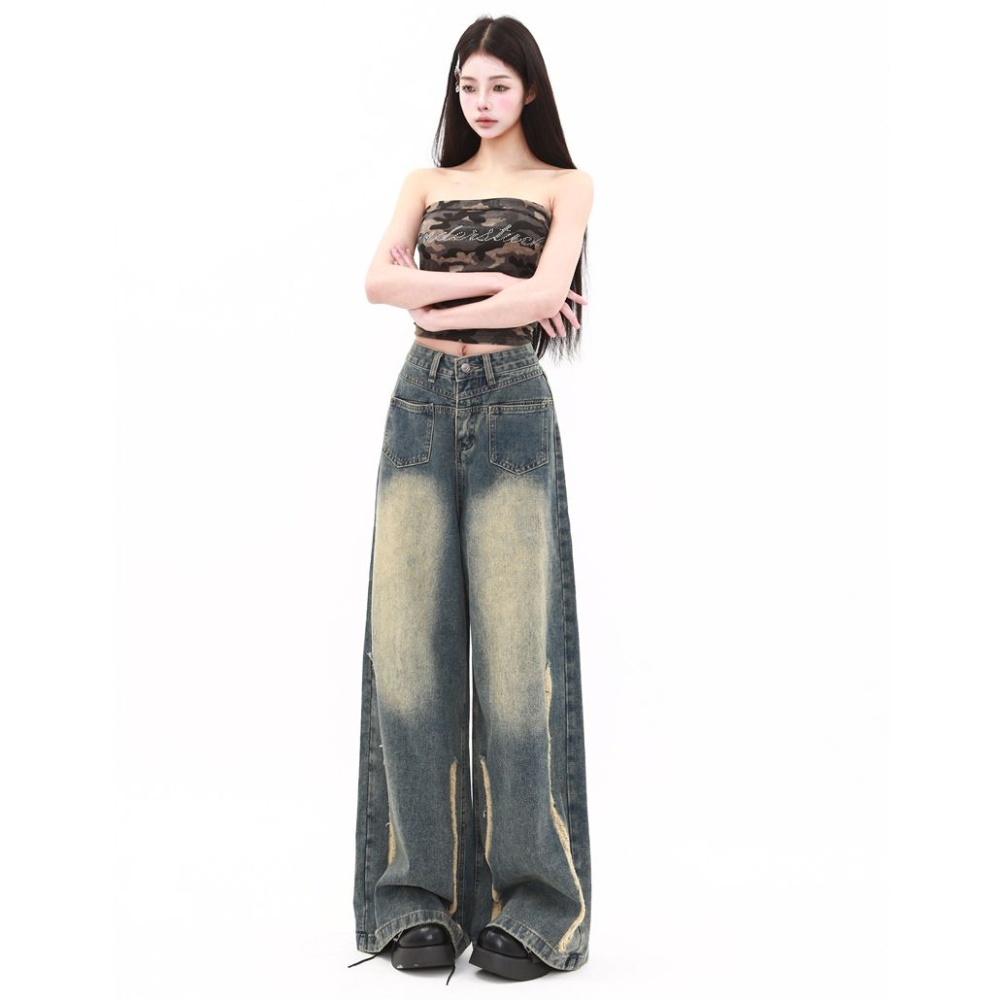 Washed slim wide leg pants retro jeans for women