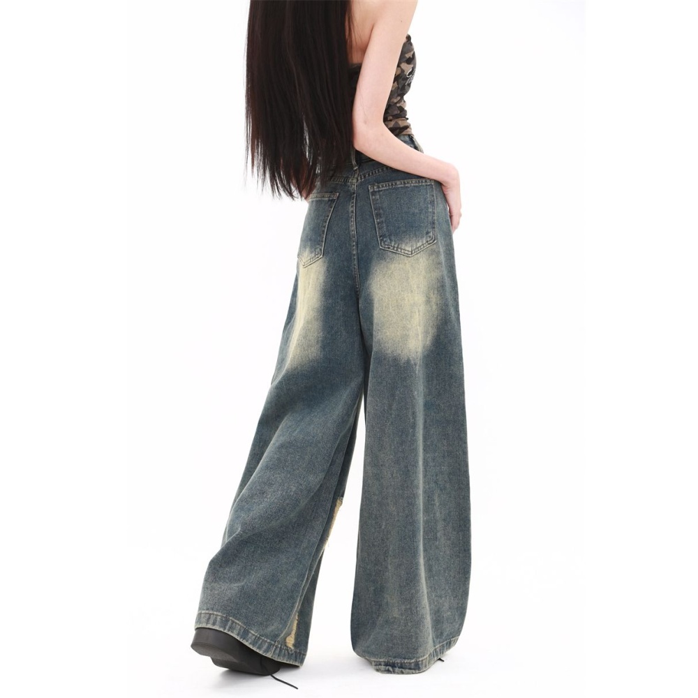 Washed slim wide leg pants retro jeans for women