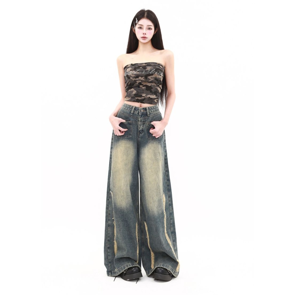 Washed slim wide leg pants retro jeans for women
