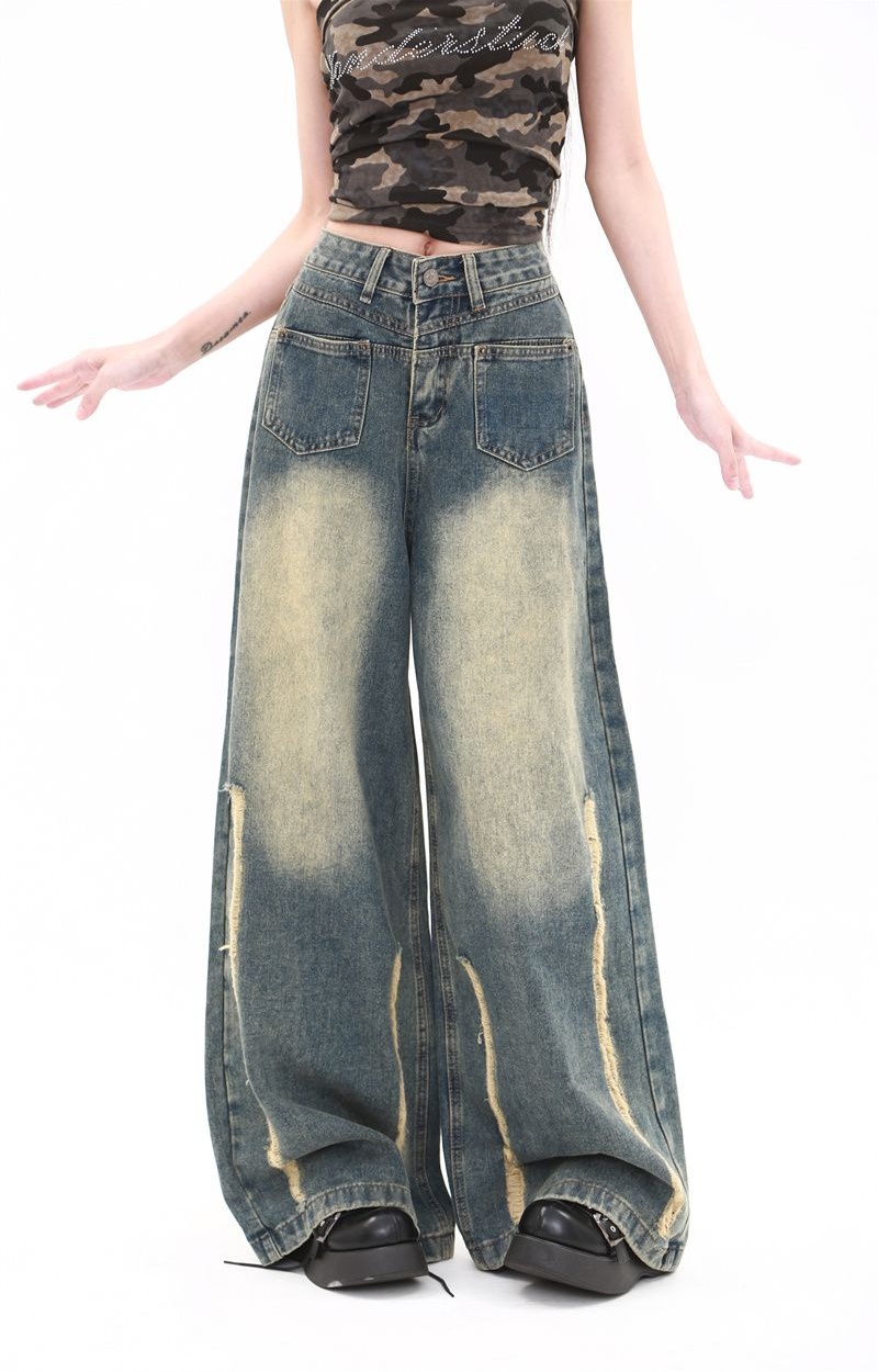 Washed slim wide leg pants retro jeans for women
