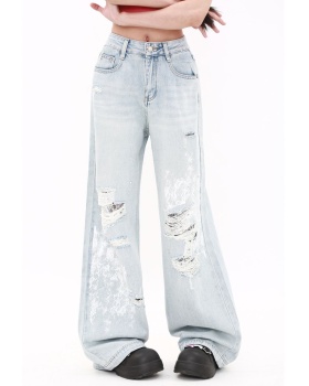 Mopping high waist pants wide leg rhinestone jeans