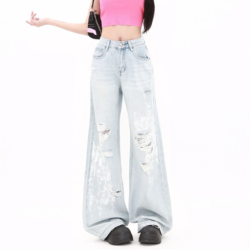 Mopping high waist pants wide leg rhinestone jeans