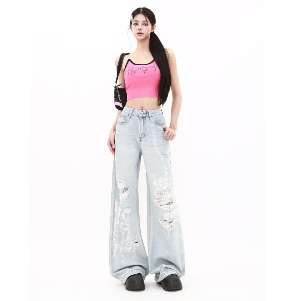 Mopping high waist pants wide leg rhinestone jeans