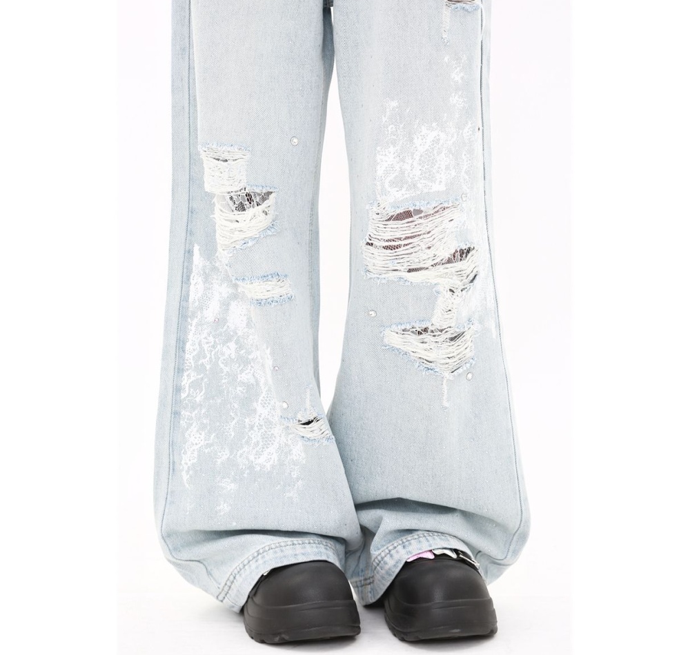 Mopping high waist pants wide leg rhinestone jeans