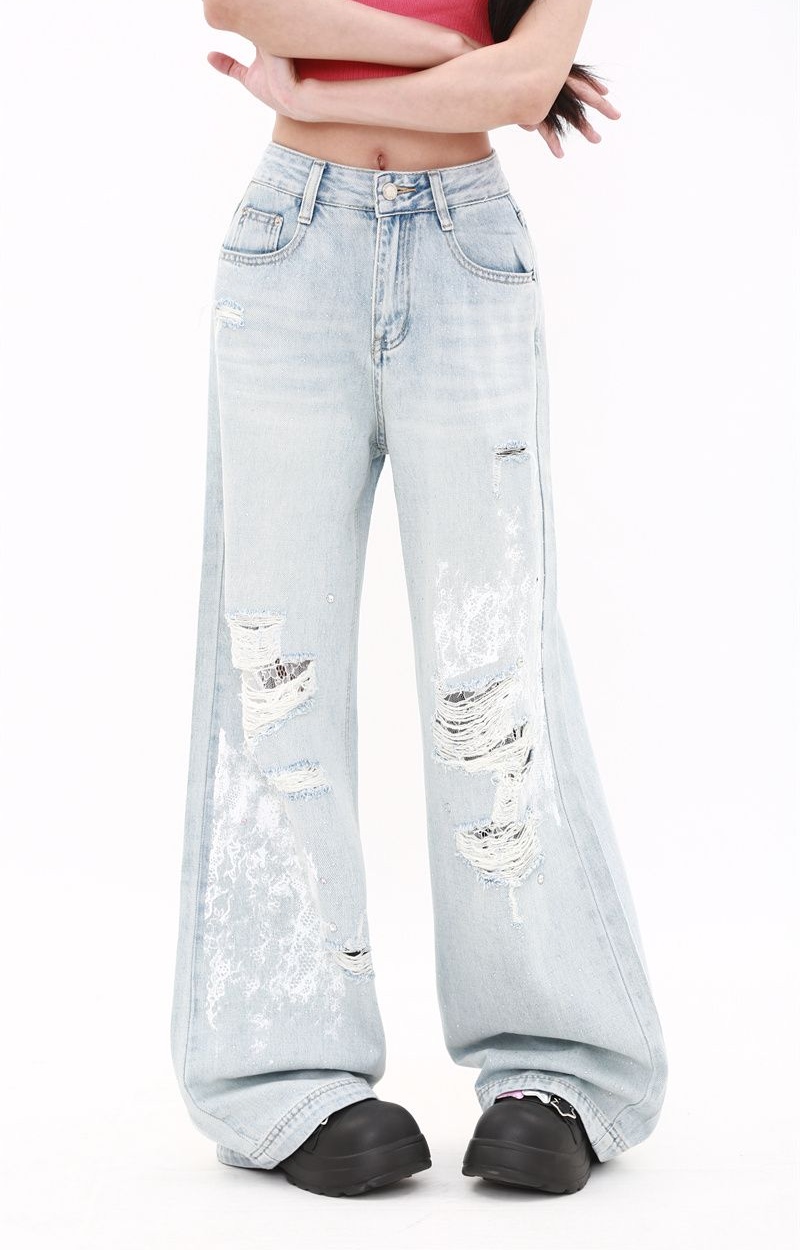 Mopping high waist pants wide leg rhinestone jeans