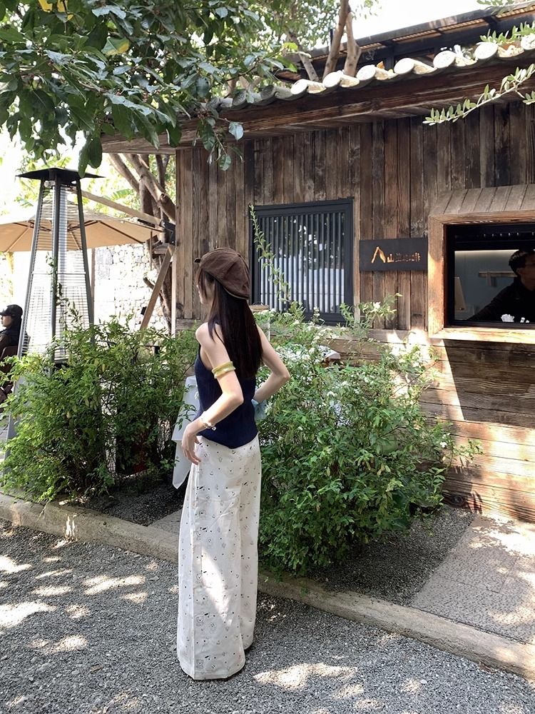 Wide leg loose straight long pants summer printing jeans