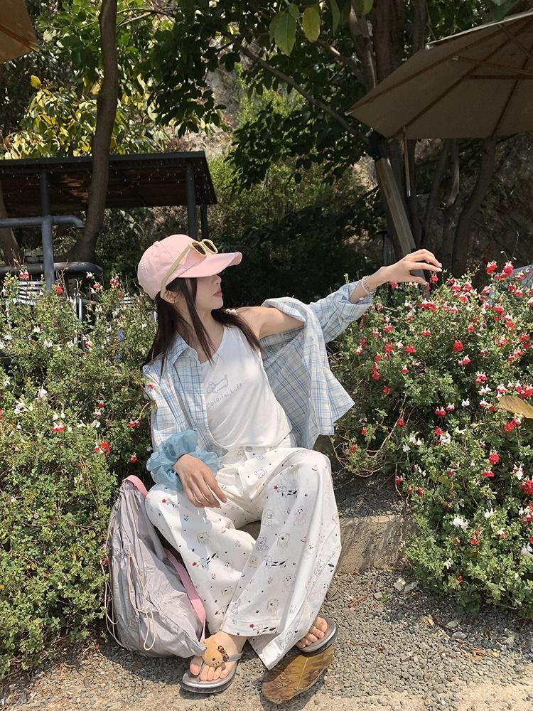 Wide leg loose straight long pants summer printing jeans