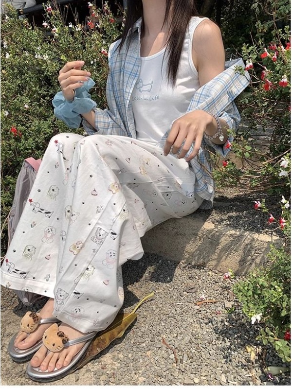 Wide leg loose straight long pants summer printing jeans