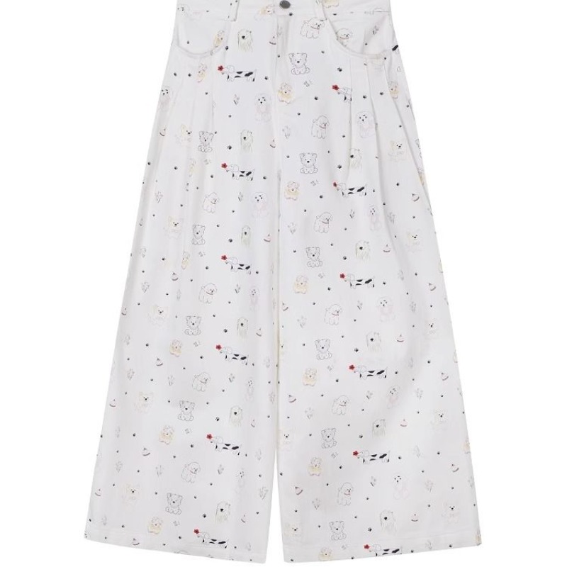 Wide leg loose straight long pants summer printing jeans