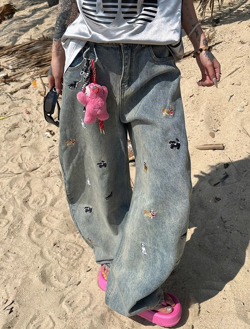Lovely wide leg casual pants cartoon denim sweatpants for women