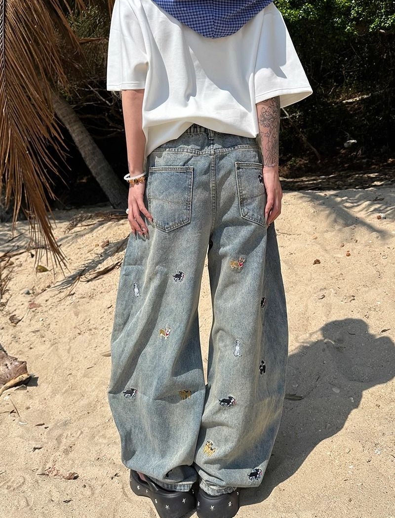 Lovely wide leg casual pants cartoon denim sweatpants for women